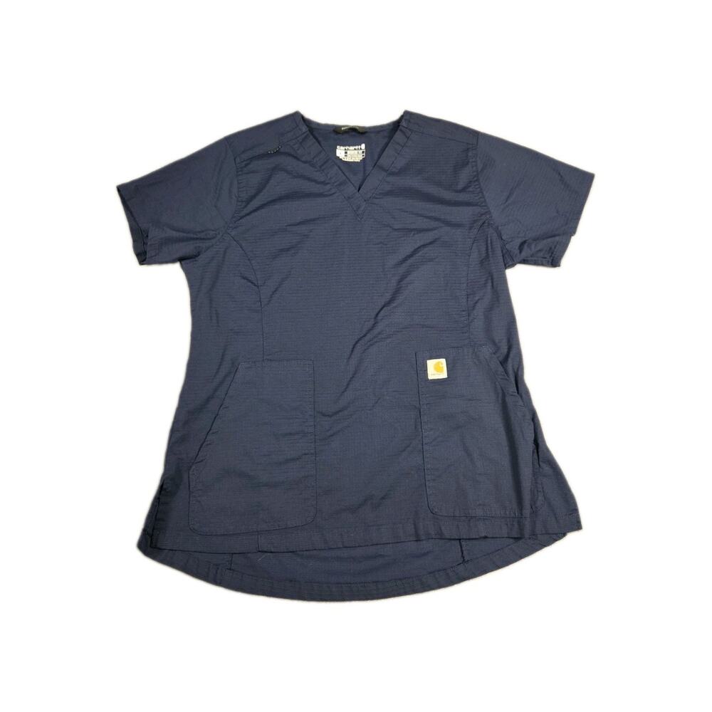 Carhartt Women Scrub Top Sz L Blue Rugged Flex Logo Modern Fit Short Sleeve C7